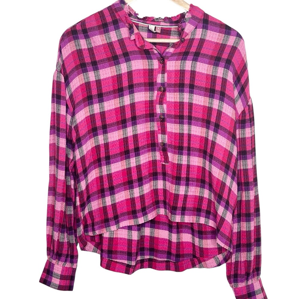 Pilcro Plaid Shirt Pink Womens Size M Long Sleeve Boho Grunge Anthropologie